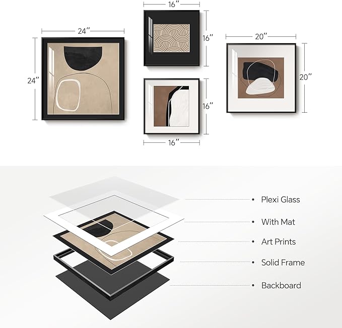 Framed Abstract Wall Art Set of 4, Large Modern Minimalist Canvas Decor Prints, Black and Brown Geometric Boho Neutral Pictures Paintings for Living Room, Bedroom, Dining, Office and Hallway