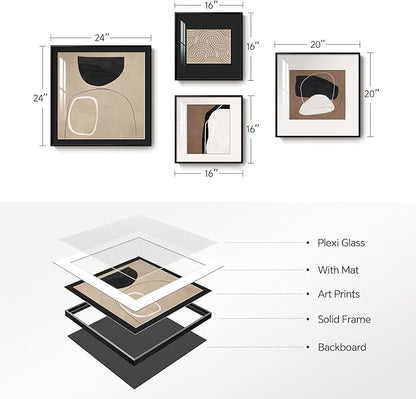 Framed Abstract Wall Art Set of 4, Large Modern Minimalist Canvas Decor Prints, Black and Brown Geometric Boho Neutral Pictures Paintings for Living Room, Bedroom, Dining, Office and Hallway