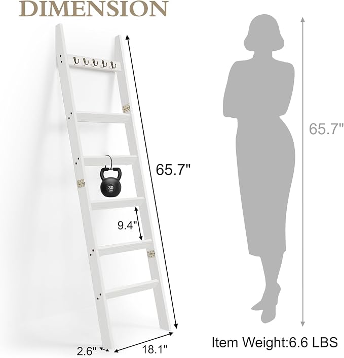 TEAKMAMA 6-Tier Blanket Ladder for Living Room and Bedroom,5.4 Ft Wall Leaning Quilt Rack with Hooks,Rustic Decorative Farmhouse Blanket Storage,Stylish Ladder Holder,Easy to Assemble,White