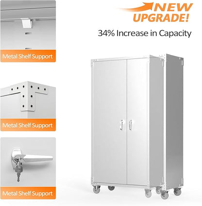 VINGLI Upgraded Wide & Deep Garage Storage Cabinet, Metal Storage Cabinet with Pegboards, Wheels, Locking Doors and Adjustable Shelves (Gray, 43''W x 20''D x 72''H)