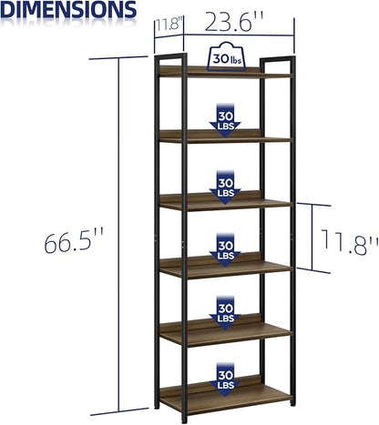 NUMENN Bookshelf, 6 Tier Bookshelves, Home Office Bookcase Shelf Storage Organizer, Free Standing Storage Shelving Unit for Bedroom, Living Room and Home Office, Dark Walnut
