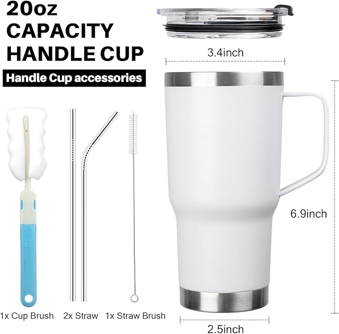 20 oz Tumbler with Handle, Stainless Steel Insulated Tumbler with Lid and Straw, Double Wall Vacuum Coffee Mug Tumbler, Insulated Coffee Thermal Cup for Cold and Hot (White)
