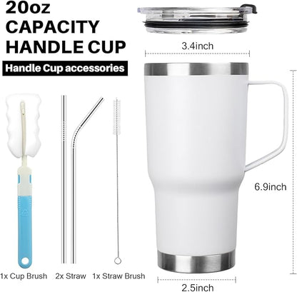 20 oz Tumbler with Handle, Stainless Steel Insulated Tumbler with Lid and Straw, Double Wall Vacuum Coffee Mug Tumbler, Insulated Coffee Thermal Cup for Cold and Hot (White)