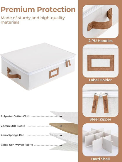 StorageWorks China Storage Container, Stackable Mug Storage Box with Dividers, Stemware Storage Cases, Hard Shell China Cup Organizer, Holds 12 Tea Cups and Coffee Mug, 1 Pack, Beige