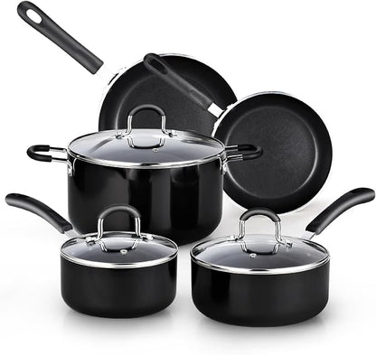 Cook N Home 8-Piece Nonstick Pot and Pan Set with Lid Induction Compatible | Cookware Set Includes Saucepan with Lid, Stockpot with Lid, Frying Pan, Kitchenware set Non Stick, Black