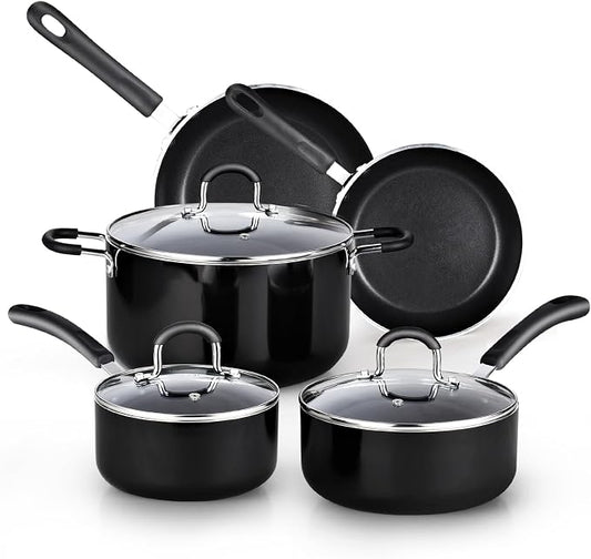 Cook N Home 8-Piece Nonstick Pot and Pan Set with Lid Induction Compatible | Cookware Set Includes Saucepan with Lid, Stockpot with Lid, Frying Pan, Kitchenware set Non Stick, Black