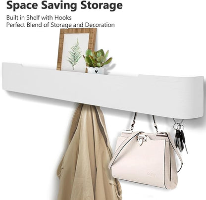 Coat Rack Wall Mount with Shelf 8 Hidden Hooks Modern Wooden Key Holder Entryway Organizer for Hallway Bedroom Bathroom Home Decor Storage for Hanging Coats Hats Bags Towels, White