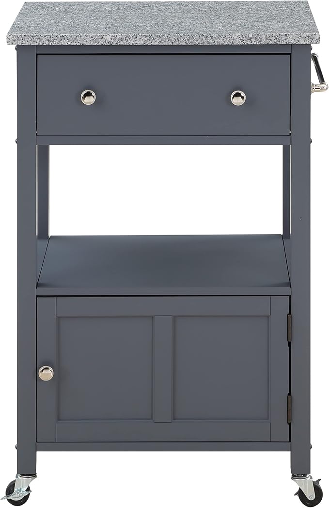 OSP Home Furnishings Fairfax Farmhouse Kitchen Cart with Granite Top, Rolling Storage Cabinet with Towel Rack, Shelf and Drawer, Grey Finish