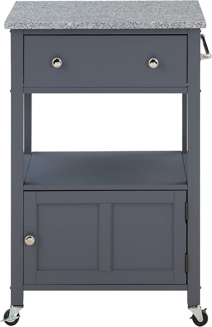 OSP Home Furnishings Fairfax Farmhouse Kitchen Cart with Granite Top, Rolling Storage Cabinet with Towel Rack, Shelf and Drawer, Grey Finish
