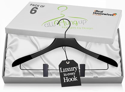 Wooden Hangers with Clips for Women, Solid Wood Skirt & Suit Hangers, Heavy-Duty Adjustable Non-Slip Design with Velvet Grip, Black with Black Velvet, 6 pcs