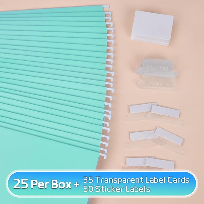 25-Pack Hanging File Folders,Letter Size,Includes 35 Transparent Label Cards & 50 Sticker Labels,1/5-Cut Tabs for Home & Office Organization(25, Aqua)