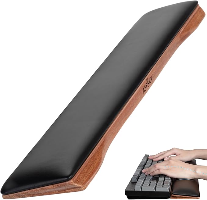 ASFSKY Keyboard Wrist Rest, Ergonomic Memory Foam Wrist Pad with PU Leather & Wooden Base, Non-Slip and Easy-to-Clean Design, Wrist Support for Mechanical Keyboard, Gaming & Office Use (Black)