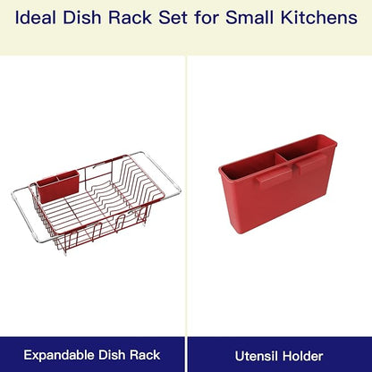 MAJALiS Red Dish Drying Rack Over The Sink with Utensil Holder | Expandable Stainless Steel Dish Drainer for Small Kitchen, Apartment, RV, Counter Space Saving, Perfect Fit, Rustproof