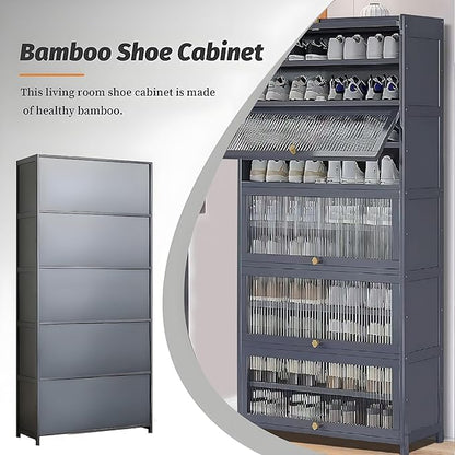 Tall Shoe Cabinet, 10 Tier Bamboo Shoe Rack with Doors, 40-45 Pairs Large Capacity Shoe Storage Cabinet Organizer, Narrow Shoe Shelf for Entryway, Hallway, Living Room