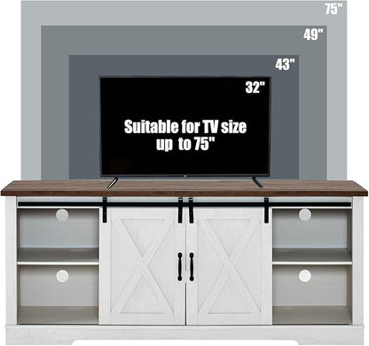 AMERLIFE 4-Piece Farmhouse Table Set Includes Sliding Barn Door TV Stand, Coffee Table& Two End Tables, Side Table with Charging Station and USB Ports for Living Room, Distressed White, 66"
