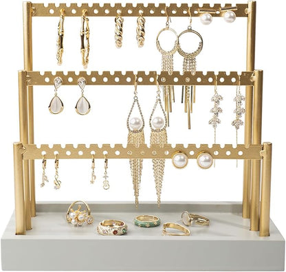 SANY DAYO HOME 3-Tier Earring Holder Organizer Stand, 105 Holes Gold Metal Earring Rack Jewelry Display Tree with Gray Wood Tray for Women and Girls