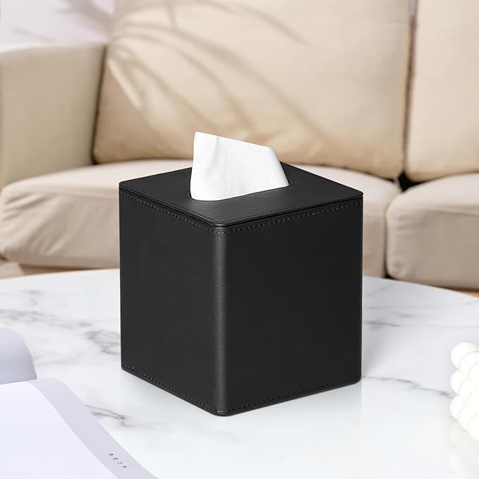 MEIBOOCH PU Leather Tissue Box Cover Square Tissue Box Holder with Magnetic Closure (Black)