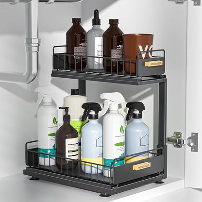 Under Sink Organizer Kitchen, 2 Tier Under Sink Organizers and Storage, Pull out Cabinet Organizer Shelf, Metal Drawer for Kitchen Bathroom Pantry Cabinet Closet Organization Rack, Black, 1 Pack