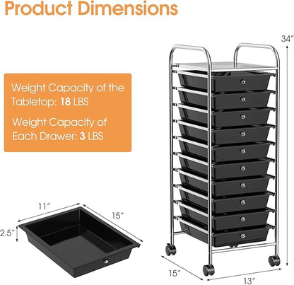 RELAX4LIFE 10 Drawer Rolling Cart, Slim Storage Cart w/Lockable Wheels for Classroom School Teacher Office, Art Supplies Paper Scrapbook Craft Organizers, Utility Cart with Drawers (Black)