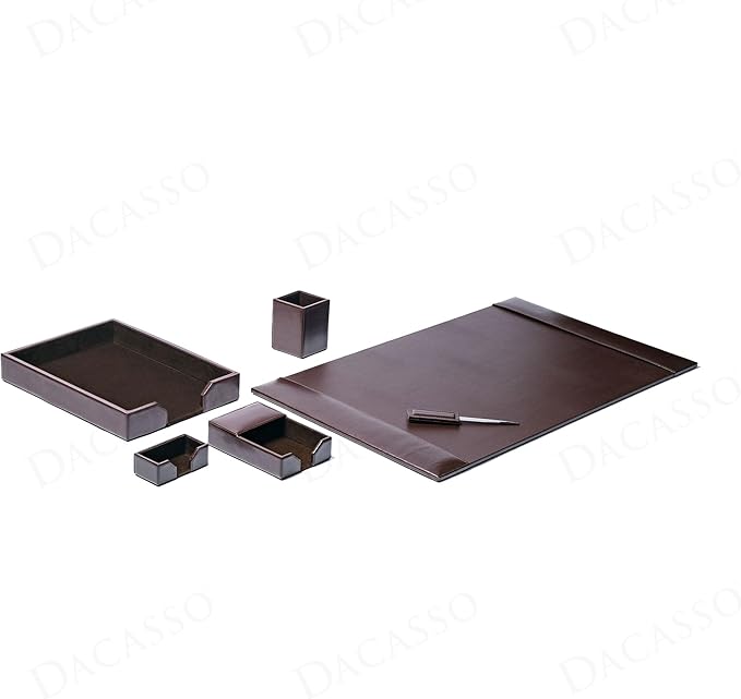 Dacasso Dark Brown Bonded Leather Luxury 6 Piece Desk Set - Blotter Pad & Desk Organization Essentials - Executive Decor and Surface Protector
