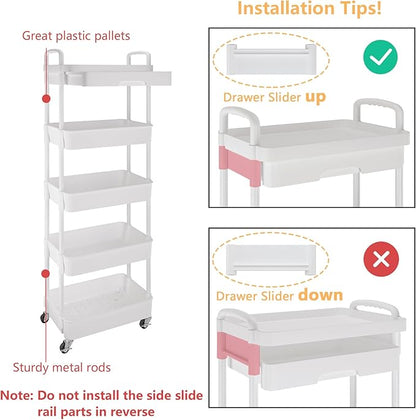 Calmootey 5-Tier Rolling Utility Cart with Drawer,Multifunctional Storage Organizer with Plastic Shelf & Metal Wheels,Storage Cart for Kitchen,Bathroom,Living Room,Office,White