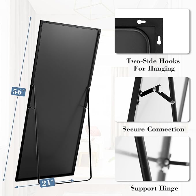 NEWBULIG Mirror Full Length, 56"x21" Body Wall Mirrors with Shatter-Proof Glass, Upgraded Floor Standing Mirror, Hanging or Leaning, with Stand Aluminum Alloy Frame for Home Decor, Bedroom, Black