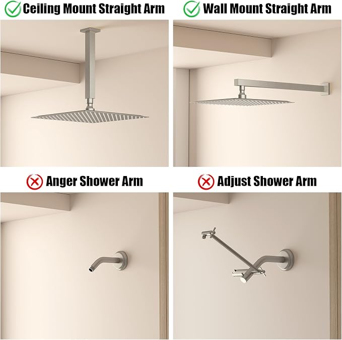 BESy 12 Inch Rain Shower Head, 12" Square Rainfall & High Pressure Stainless Steel Bath Shower Head, 1/16" Ultra Thin, Waterfall Full Body Coverage with Silicone Nozzle, Non Fingerprint Brushed Finish