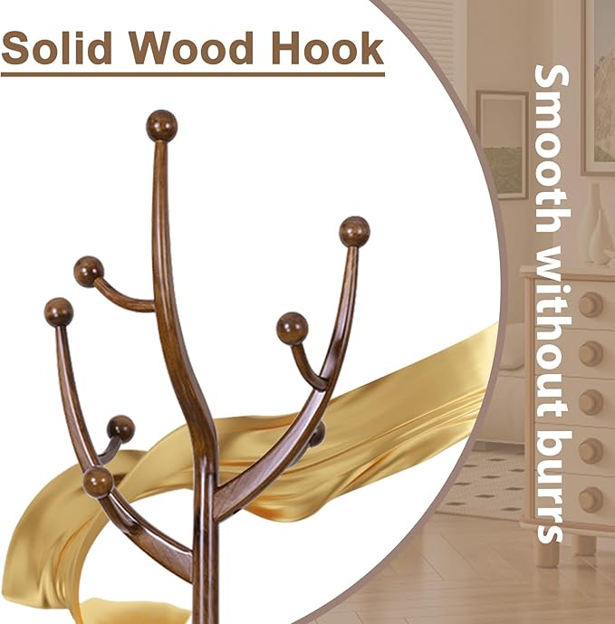 Solid Wooden Coat Rack Stand, Coat Racks Freestanding with 11 Hooks, Natural Birch Wood Coat stands with Sturdy Round Base, Tree Coat Hanger Standing for Entryway Bedroom Office (Tree Design1)