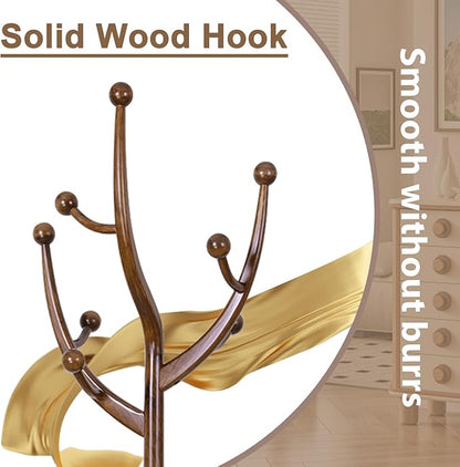 Solid Wooden Coat Rack Stand, Coat Racks Freestanding with 11 Hooks, Natural Birch Wood Coat stands with Sturdy Round Base, Tree Coat Hanger Standing for Entryway Bedroom Office (Tree Design1)