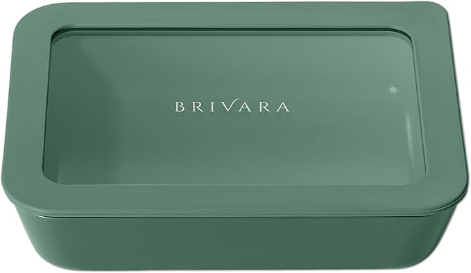 BRIVARA HOME Ceramic Coated Glass Food Storage Container | No PTFE, PFOA, PFAS, and BPA | Reusable Non Toxic Meal Prep Container with Glass Lid | Easy To Store | 3 Cup Rectangle [Pine]