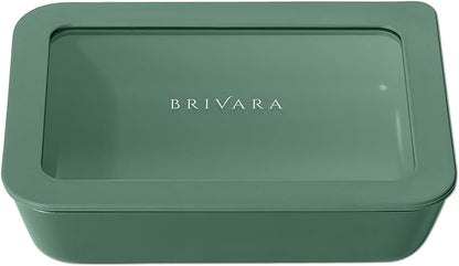 BRIVARA HOME Ceramic Coated Glass Food Storage Container | No PTFE, PFOA, PFAS, and BPA | Reusable Non Toxic Meal Prep Container with Glass Lid | Easy To Store | 3 Cup Rectangle [Pine]