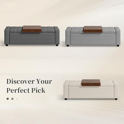 Storage Ottoman Bench with Tray,Large Entryway Ottoman with Storage, Rectangular Bench with Cushion and Safety Hinge for Living Room Bedroom,Light Gray