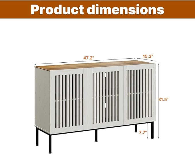 47" Farmhouse Buffet Cabinet with Metal Base, Adjustable Shelves & 3 Doors, Antique White Storage Sideboard for Kitchen, Dining & Living Room