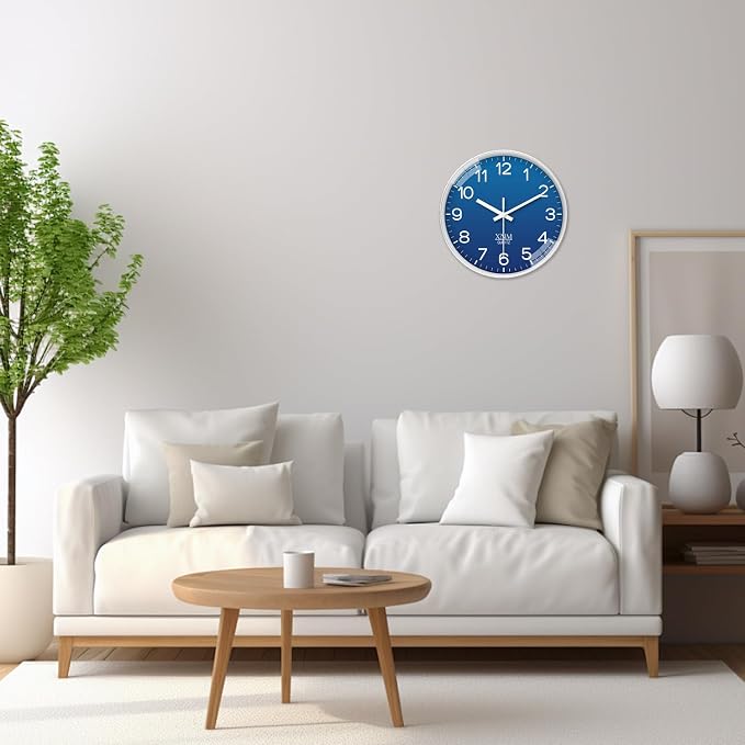 XNM Modern Analog Wall Clocks Battery Operated Navy Blue Wall Clock for Living Room Bedroom Home Office 14 Inch Round Minimalist Wall Clock Silent