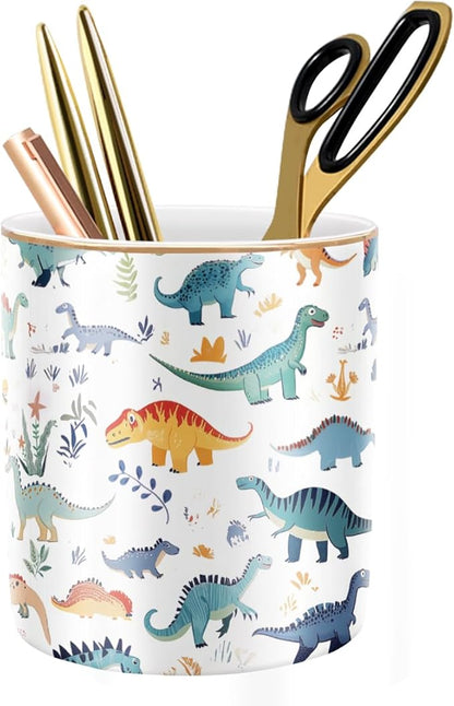 WAVEYU Pen Holder, Pencil Cup for Desk, Cute Makeup Brush Holder, Durable Ceramic Organizer Decor for Room, Office, Classroom, Cute Dinosaur Pattern