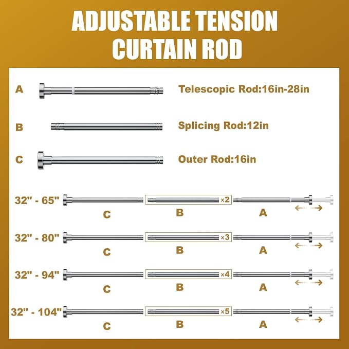 Ausemku Shower Curtain Rod Tension, 32-65 Inch Adjustable Heavy Duty Spring Tension Curtain Rod, No Drill Stainless Steel Telescoping Rod for Bathroom, No Rust, Silver