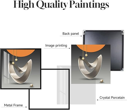 4 Piece Framed Modern Wall Art Set, Abstract Luxury Geometric Prints Artworks, Contemporary Minimalist Orange Gray and Gold Pictures Painting for Living Room, Bedroom, Hallway and Office