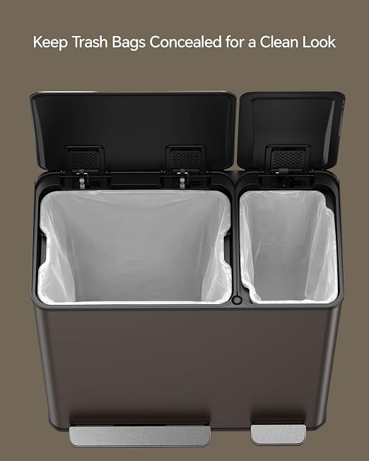Lovewind Dual Trash and Recycling Bins for Kitchen, 13+6 Gallon Stainless Steel Garbage and Recycle Bin Combo for Large Families, Dual Trash Can with Soft Close Lid & Magnetic Stickers, Brown