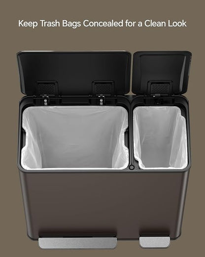 Lovewind Dual Trash and Recycling Bins for Kitchen, 13+6 Gallon Stainless Steel Garbage and Recycle Bin Combo for Large Families, Dual Trash Can with Soft Close Lid & Magnetic Stickers, Brown