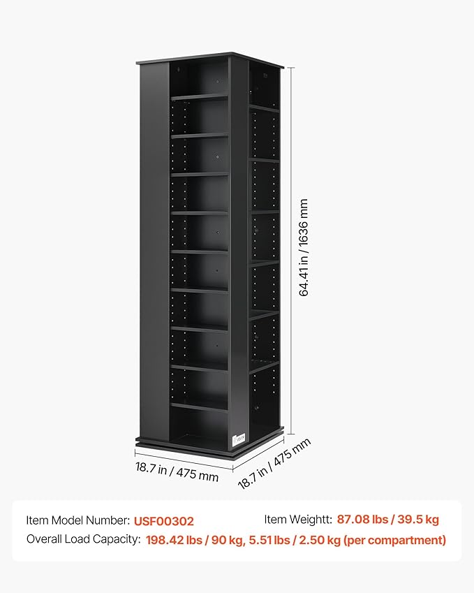 VEVOR Media Storage Cabinet, CD Rack Tower, 34 Compartments Rotating Media Tower Rack for CDs, DVDs, Books and Game Discs, DVD Stand for Living Room, Home Office and Recording Room, Black