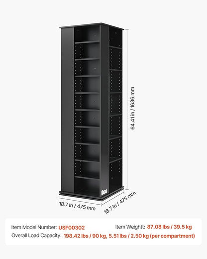 VEVOR Media Storage Cabinet, CD Rack Tower, 34 Compartments Rotating Media Tower Rack for CDs, DVDs, Books and Game Discs, DVD Stand for Living Room, Home Office and Recording Room, Black