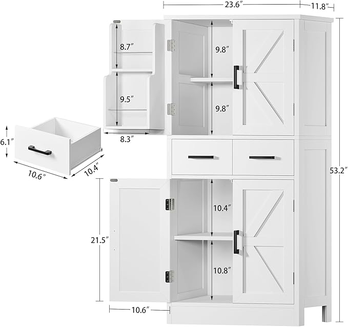 TEENFON 53" H Pantry Cabinet with 2 Drawers, Kitchen Storage Cabinet with 4 Door Shelves, Kitchen Pantry for Living Room, Dining Room, Bathroom, White