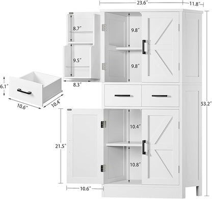 TEENFON 53" H Pantry Cabinet with 2 Drawers, Kitchen Storage Cabinet with 4 Door Shelves, Kitchen Pantry for Living Room, Dining Room, Bathroom, White