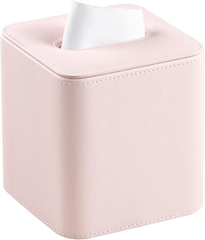 MEIBOOCH PU Leather Tissue Box Cover with Magnetic Closure, Square Tissue Box Holder with Rounded Edges Design (Pink, Square)