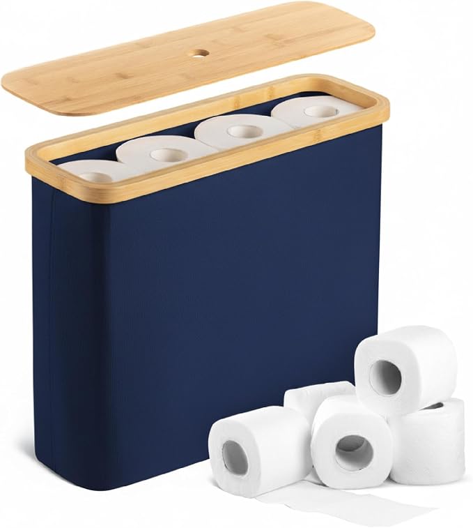 BAMBOO LAND- Toilet Paper Storage with Bamboo Lid for 12 Rolls, Dark Blue, Waterproof Bamboo Toilet Paper Holder Basket