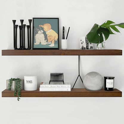 Homeforia Classic Walnut 48 inch Floating Shelf, High End Solid Real Wood Small 48inch Floating Shelves for Wall Mounted, 48in Floating Shelves, Heavy Duty Bracket, 48 X 6.5 X 1.75 inches, Set of 3