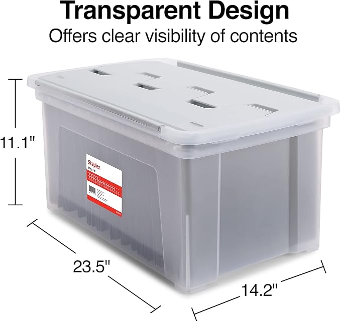 STAPLES Hanging File Folder Box, Storage Bin Organizer, Wing Lid, Letter Size Documents, Gray/Clear