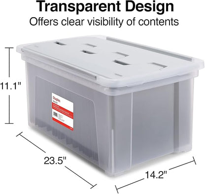 STAPLES Hanging File Folder Box, Storage Bin Organizer, Wing Lid, Letter Size Documents, Gray/Clear