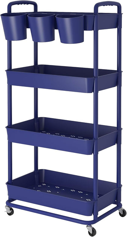 JIUYOTREE 4-Tier Plastic Rolling Storage Cart Utility Cart with Extra Hanging Cups Handles Lockable Wheels for Living Room Bathroom Kitchen Office Blue
