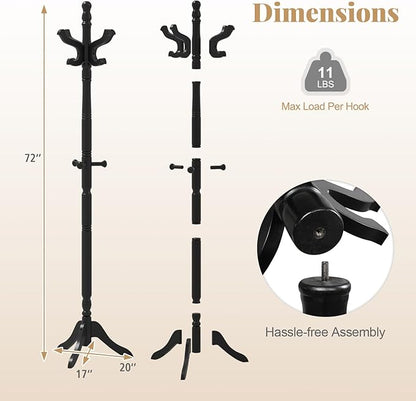 Tangkula Coat Rack Freestanding, Solid Rubber Wood Coat Tree with 11 Hooks and 3 Height Options for Coats, Hats, Bags, Purses, Clothes, Hanger Stand for Entryway Hallway Bedroom Office (Black)